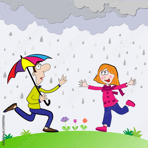 Hombre corriendo con paraguas y niña.