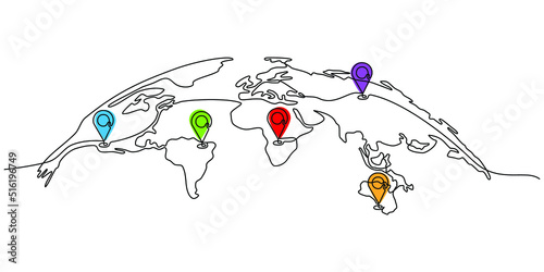 Continuous line drawing of paths and Location markers. Top view of world map with point of destination location marker. GPS map navigator concept and trip in doodle style. vector illustration.