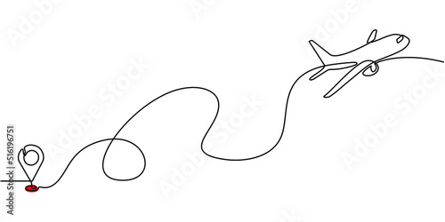 Continuous line drawing of aircraft flight routes and airport destinations. airplane line path icon of airplane flight route with starting point location and single line trail in doodle style.