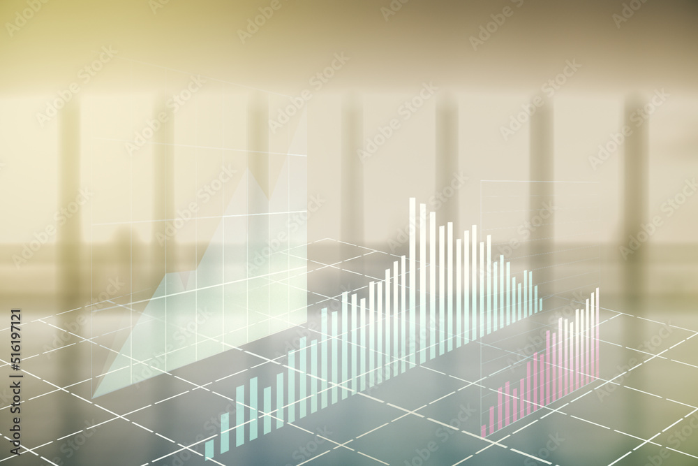 Double exposure of virtual creative financial diagram on empty room interior background, banking and accounting concept Double exposure of virtual creative financial diagram on empty room interior background, banking and accounting concept