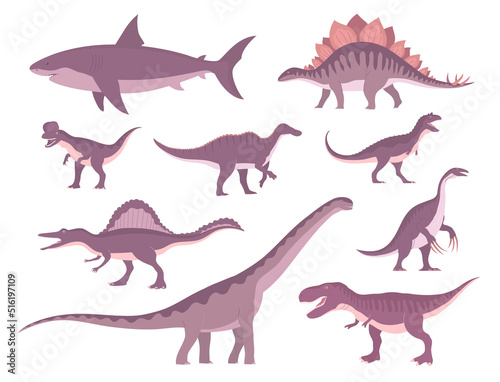 Set of ancient carnivorous and herbivorous dinosaurs. Stegosaurus, tyrannosaurus rex, megalodon and spinosaurus. Extinct lizard of the Jurassic period. Paleontology animals. Vector isolated illustrati