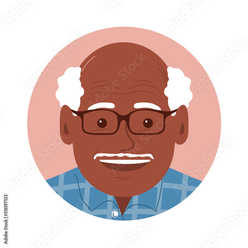 Portrait of a old young man with a happy smile. African American grandfather face with glasses. Gray hair. Round avatar icon. Flat vector illustration isolated on white background