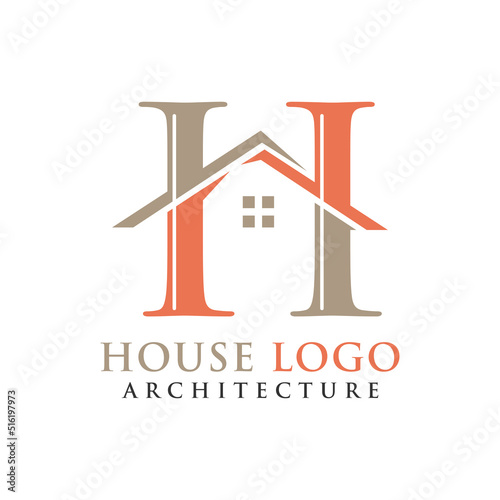 Architecture Building Logo Design with Initial Letter H and House Rooftop Combination Concept.