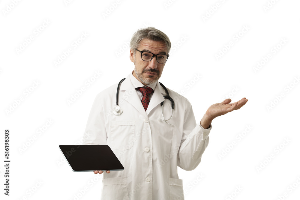Confident Caucasian male doctor in gown suit uniform with stethoscope and tablet open wide his hands and looking to the camera while stand over white background, Medical presentation concept. Confident Caucasian male doctor in gown suit uniform with stethoscope and tablet open wide his hands and looking to the camera while stand over white background, Medical presentation concept.