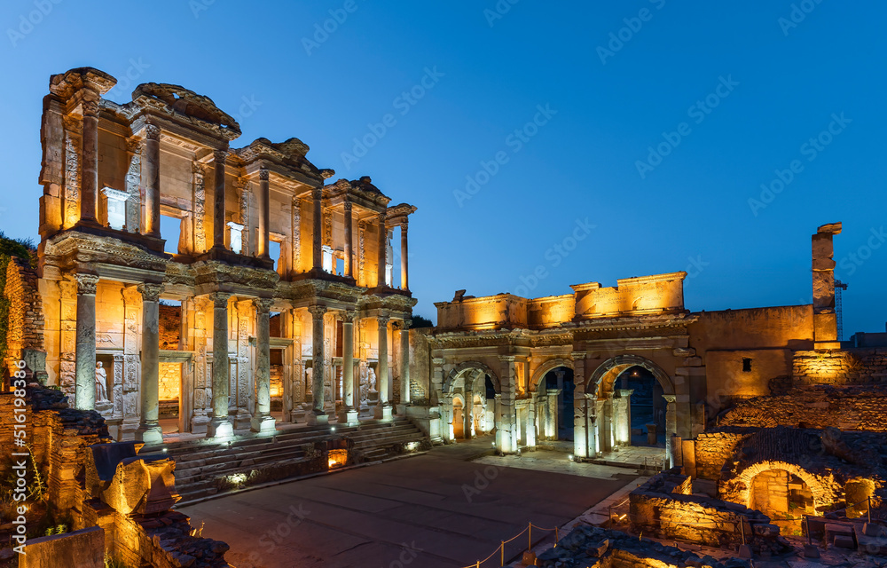 Ephesus Celsus library taken at night, Most visited ancient city in Turkey. Selcuk, Izmir, Turkey.