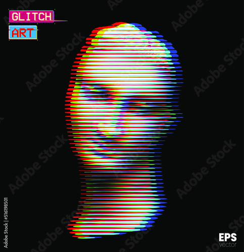 Glitch Art. Vector glitch corrupted RGB color mode offset illustration from 3D rendering of female classical head sculpture in horizontal line halftone style isolated on black background.