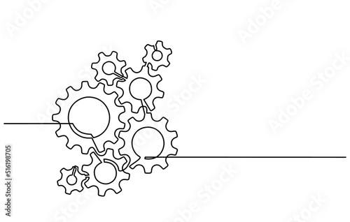 Continuous line drawing of machine gears. Vector illustration of a gear wheel with gears on a transparent background. Engine gear technology concept in doodle style