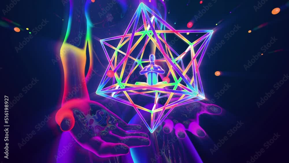 looped 3d animation of a vortex of astral energy of a meditating saint inside the sacred geometry of 
