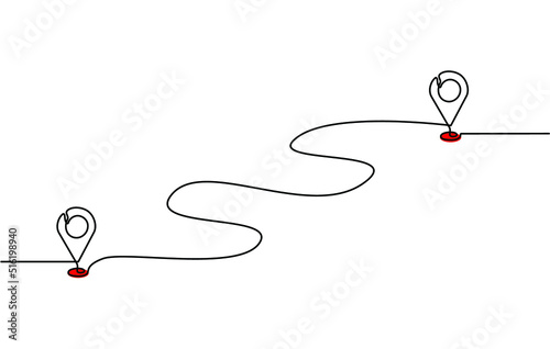 Continuous one line drawing of path and Location pointers. Simple pins on way between two points in thin Linear style. Gps navigation and Travel concept. Doodle vector illustration