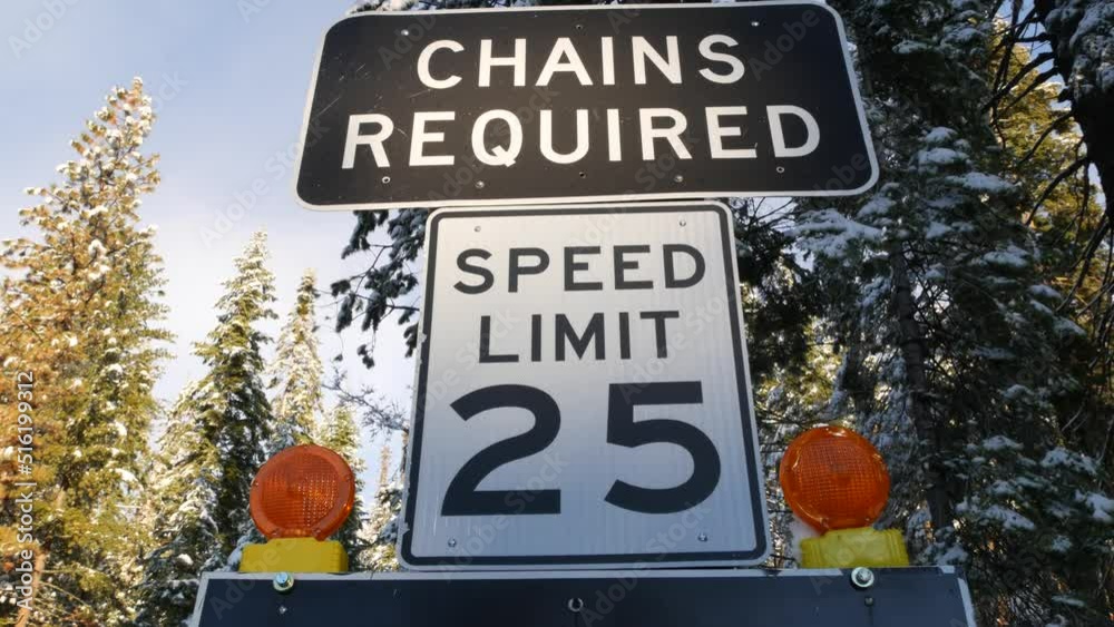 Chains or snow tires required traffic sign, mountains winter highway