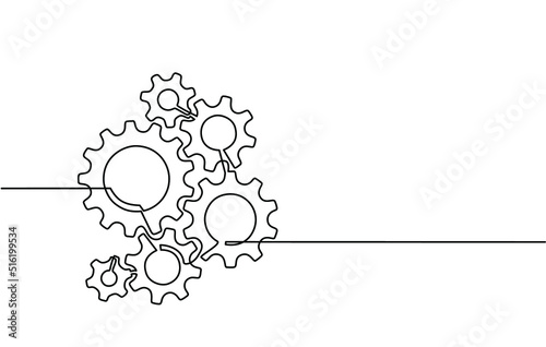Continuous line drawing of machine gears. Vector illustration of a gear wheel with gears on a transparent background. Engine gear technology concept in doodle style