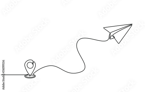 Continuous line drawing of aircraft flight routes and airport destinations. paper airplane icon and airplane destination line path of airplane flight route with starting point location in doodle style