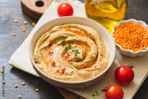 hummus (pate, pasta, dip) of lentils or daal. Red lentils and lentil hummus