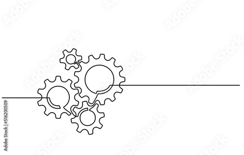 Continuous line drawing of machine gears. Vector illustration of a gear wheel with gears on a transparent background. Engine gear technology concept in doodle style