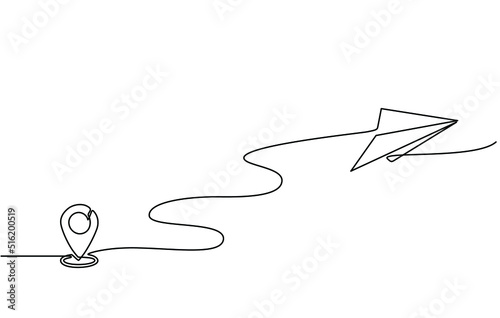 Continuous line drawing of aircraft flight routes and airport destinations. paper airplane icon and airplane destination line path of airplane flight route with starting point location in doodle style