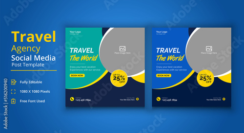 Travel The World Social Media Template, Travel Agency Social Media Post Template, Travel Social Media Banner Post