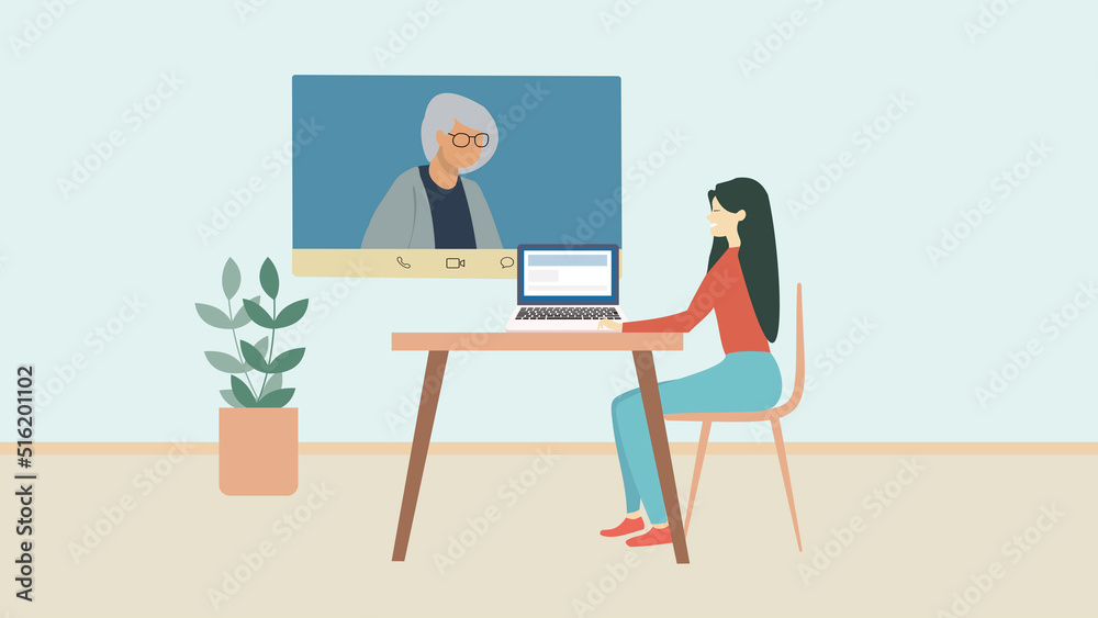 Woman holding video conference and working online