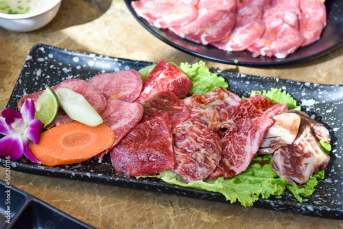 Japanese grilled meat, Beef sliced yakiniku set, BBQ korean roast, Asian traditional food.