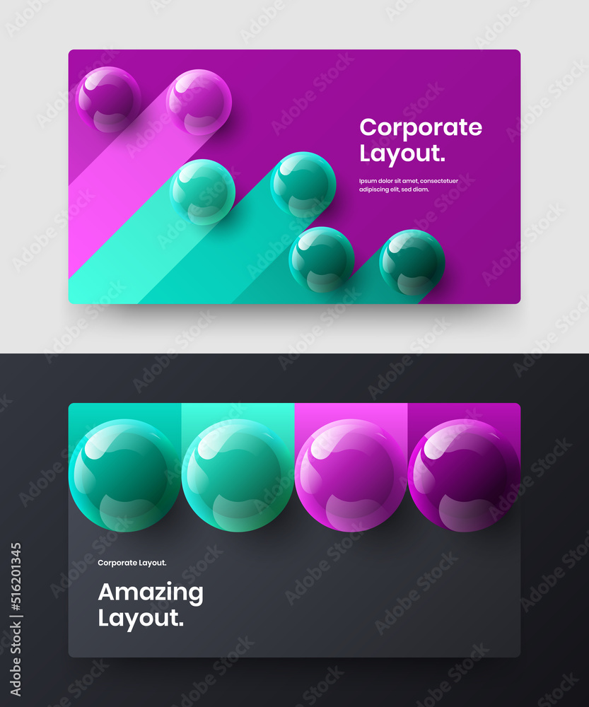 Modern 3D spheres presentation template bundle. Unique web banner design vector concept set.