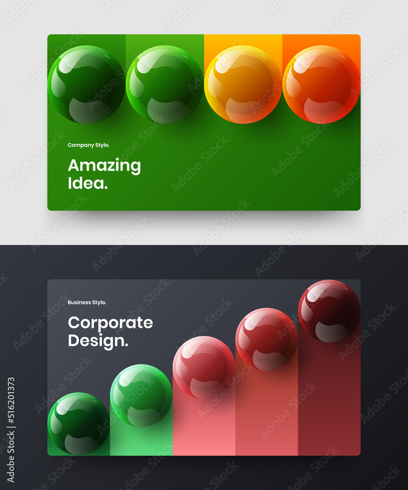 Abstract realistic spheres postcard layout set. Vivid web banner vector design illustration collection.