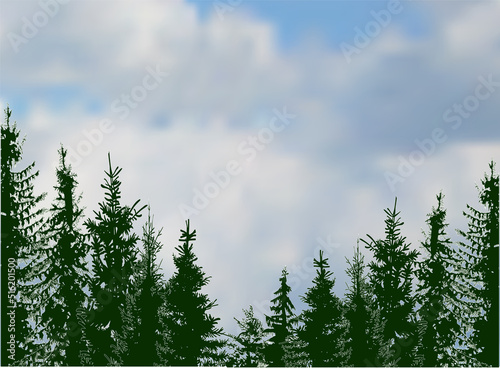 green forest on white clowd background