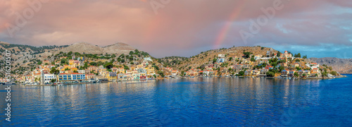 View of Symi island from Greece, with colorful neoclassical mansions