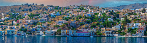 Symi island from Greece, with colorful neoclassical mansions