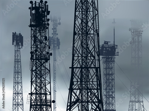 group with six antenna tower silhouettes on grey