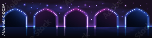 Neon glowing gate portal,stage podium with arch gates,Magic corridor with mysterious ways. techno futuristic cyberpunk background, star sparkle shine effect. Vector illustration
