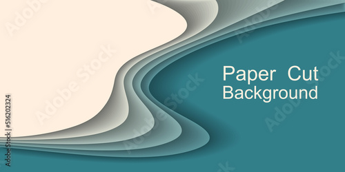 Papercut topography background, 3d layer relief map, sea water and beach.  Abstract origami paper cut web banner, modern trendy summer design. Vector illustration