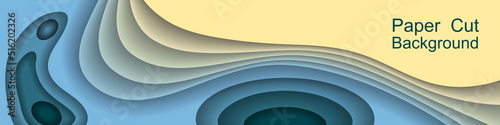 Papercut topography background, 3d layer relief map, blue sea water and beach.  Abstract origami paper cut web banner, modern trendy summer design. Vector illustration