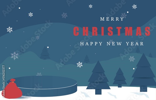 Merry Christmas banner with product podium in snowy night with firs, coniferous forest, falling snow, Woodland landscape for winter and new year holidays. Holiday winter landscape. Vector illustration