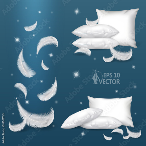 White soft pillows for a night's sleep. Advertising set with comfort pillows and air feathers, 3d realistic vector illustration