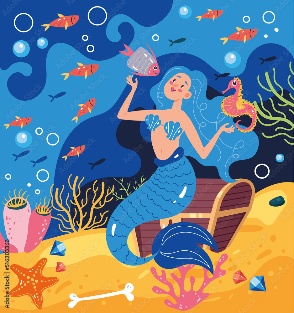 Mermaids woman girl character on ocean sea bottom composition concept. Vector flat graphic design element illustration