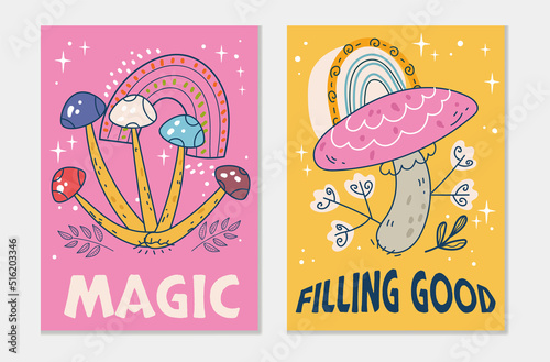 Hippie hallucinations psychedelic mushroom template cards concept. Vector flat graphic design element illustration