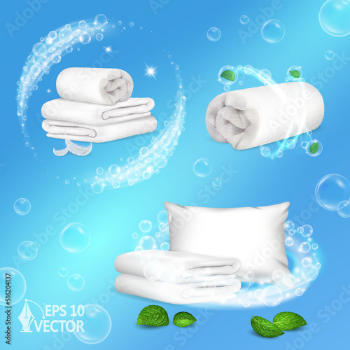 Terry towels and pillows set on a white background. Laundry, crystal clean linen with mint leaves, frosty freshness. 3d realistic vector illustration