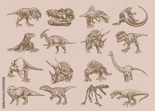 Vector big vintage collection of dinosaurs and varans , graphical elements on sepia background