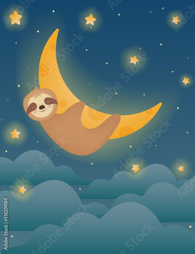 Sloth in space sleeping on the shiny moon, cosmic background with clouds and stars. Cute sleeping sloth on the moon at starry night. Vector illustration for little kids and children