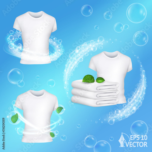 Realistic laundry detergent swirl on blue background, laundry. Clean white T-shirt, washed fresh linen with mint leaves, frosty freshness. 3d vector icon set