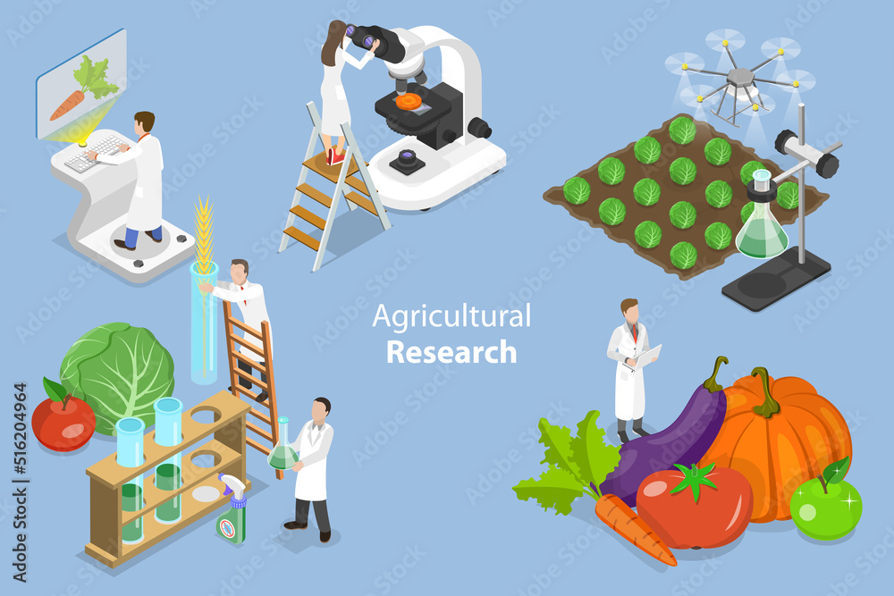 Naklejka premium 3D Isometric Flat Vector Conceptual Illustration of Agricultural Research, Artificial Food Products