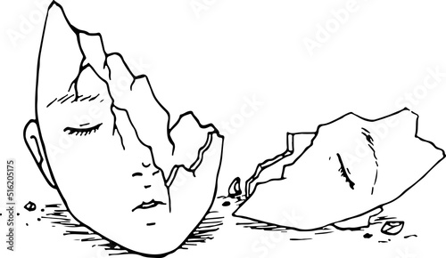 Outline of broken doll face, Conceptual illustration of abuse or domestic violence