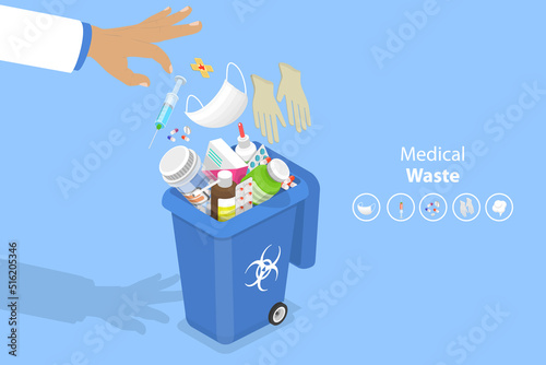 3D Isometric Flat Vector Conceptual Illustration of Biohazardous Medical Waste Disposal, Infectious Garbage Management