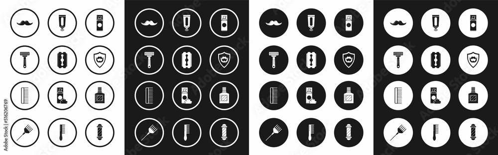 Set Shaving gel foam, Blade razor, Mustache, and beard on shield, Cream lotion cosmetic tube, Aftershave and Hairbrush icon. Vector Set Shaving gel foam, Blade razor, Mustache, and beard on shield, Cream lotion cosmetic tube, Aftershave and Hairbrush icon. Vector
