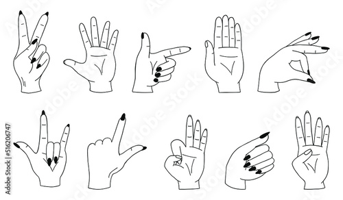 Different hand gestures. Hand showing signal or sign collection on white background isolated vector.