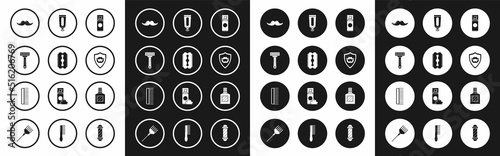 Set Shaving gel foam, Blade razor, Mustache, and beard on shield, Cream lotion cosmetic tube, Aftershave and Hairbrush icon. Vector
