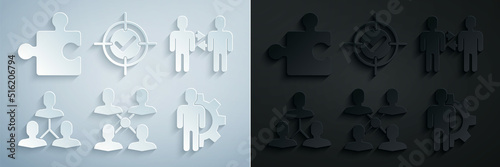 Set Project team base, Human with gear inside, Target and check mark and Piece of puzzle icon. Vector