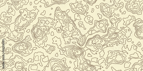 Topography beige map seamless pattern with dotted and solid lines. Abstract topographic curves. Repeat geometric background. Outline topology land or underwater relief texture. Vector illustration.