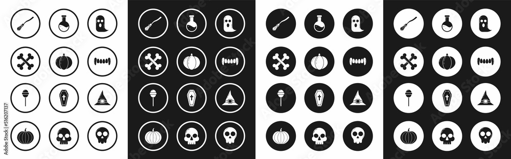 Set Ghost, Pumpkin, Crossed bones, Witches broom, Vampire teeth, Bottle with potion, hat and Lollipop icon. Vector
