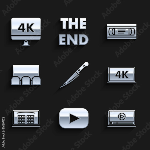 Set Knife, Play, Online play video, Laptop screen with 4k technology, Buy cinema ticket online, , VHS cassette tape and Computer PC monitor icon. Vector