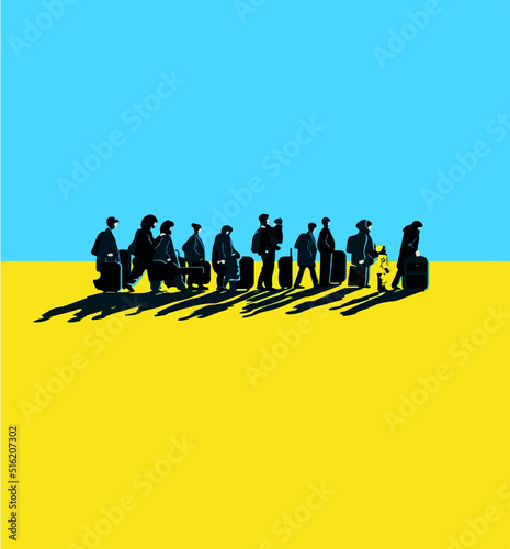   Silhouettes of refugees on blue-yellow background, Stop war, and concept of peace in Ukraine